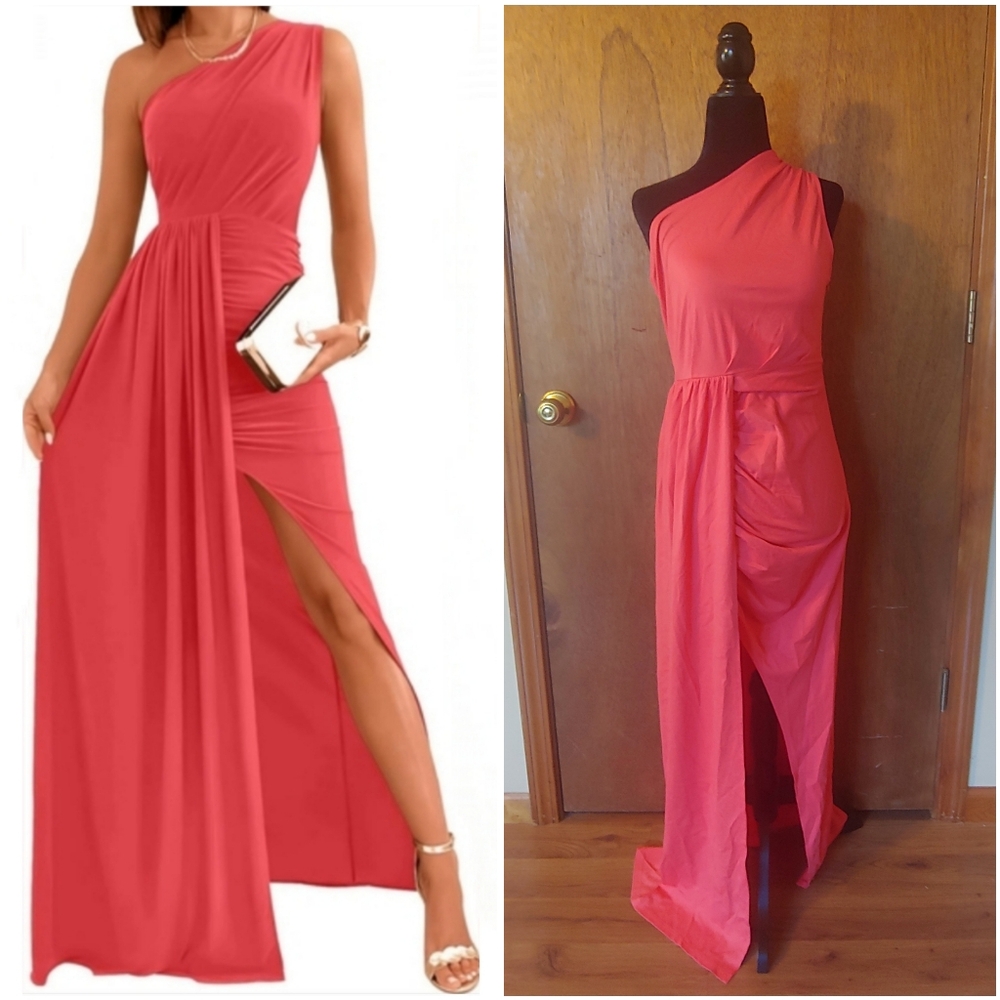 NWT Zesica Orange Coral One Shoulder Ruched High Split Drape Wrap Maxi Dress S